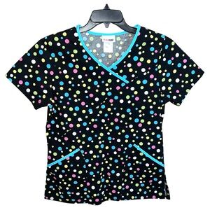 ScrubStar Scrub Shirt Top Women’s Size S Black Green Blue Polka Dots Medical